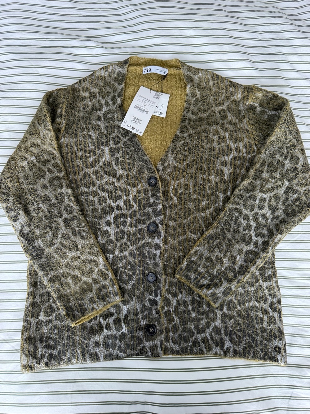 Zara Animal Print Knit Cardigan Sweater Brown Size L NWT